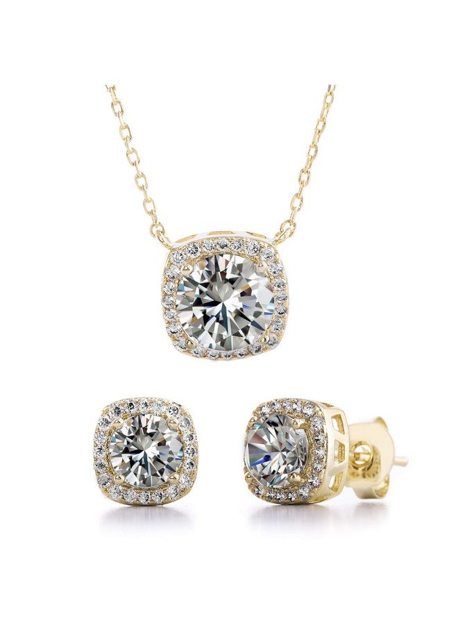 Devin Rose - Stud Halo Cushion Shaped Earrings For Women And 18 Inch Necklace For Women Jewelry Set Made With Faceted Crystals In Yellow Gold Plated Brass Yellow - Image 1