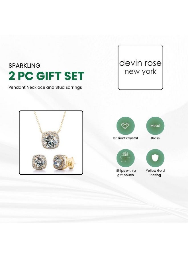 Devin Rose - Stud Halo Cushion Shaped Earrings For Women And 18 Inch Necklace For Women Jewelry Set Made With Faceted Crystals In Yellow Gold Plated Brass Yellow - Image 1