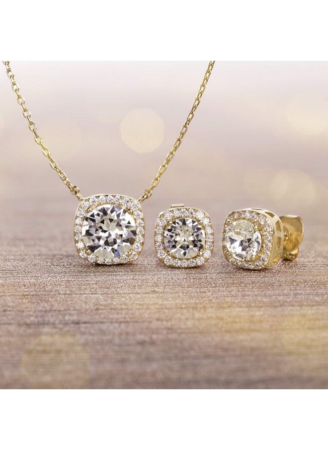 Devin Rose - Stud Halo Cushion Shaped Earrings For Women And 18 Inch Necklace For Women Jewelry Set Made With Faceted Crystals In Yellow Gold Plated Brass Yellow - Image 1