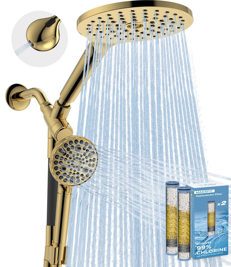 MakeFit Dual Filtered Rain Shower Head Combo, High Pressure Handheld Shower Head with Adjustable Bar - Rainfall Shower Head And Showerhead with Filter for Hard Water - Removes Chlorine(Gold) - Image 1