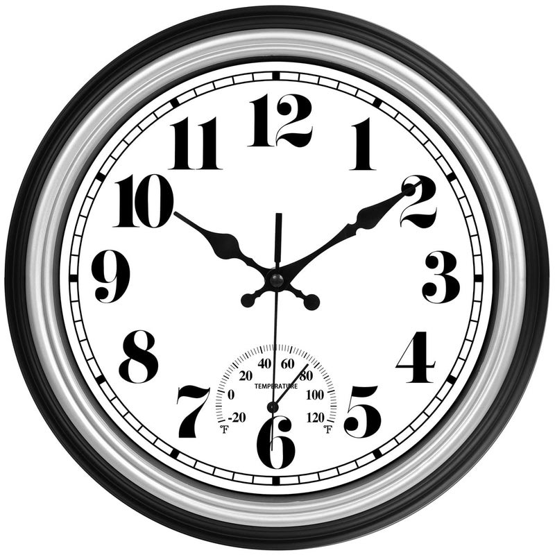 JENLYSTIME JENLYSTIME 12 Inch IndoorOutdoor Retro Waterproof Wall Clock with Thermometer Silent Round Quartz Battery Operated Easy to Read Decorative for Kitchen PatioBathroomDeckPorchPoolSilver 