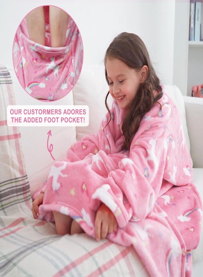 softan Wearable Fleece Blanket with Sleeves & Foot Pocket for Kids Boys Girls Children,Lightweight Soft Blanket with Sleeves and Hook & Loop 48" x 48" Pink Unicorn - Image 3