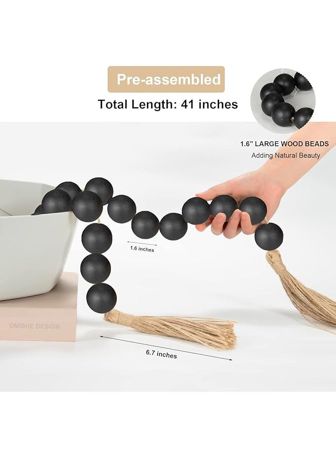 OMISHE Large Wood Bead Garland Black With 1.6" Diameter Wooden Beads and Tassels, 41" Long Rustic Farmhouse Country Decor for Home Tiered Tray, Decorative Black - Image 2