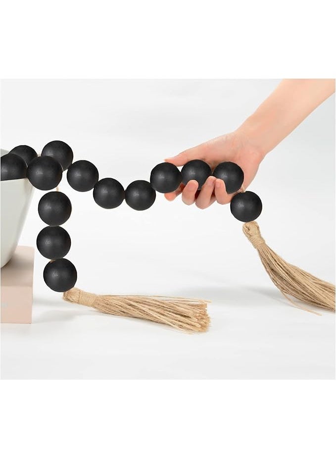 OMISHE Large Wood Bead Garland Black With 1.6" Diameter Wooden Beads and Tassels, 41" Long Rustic Farmhouse Country Decor for Home Tiered Tray, Decorative Black - Image 1