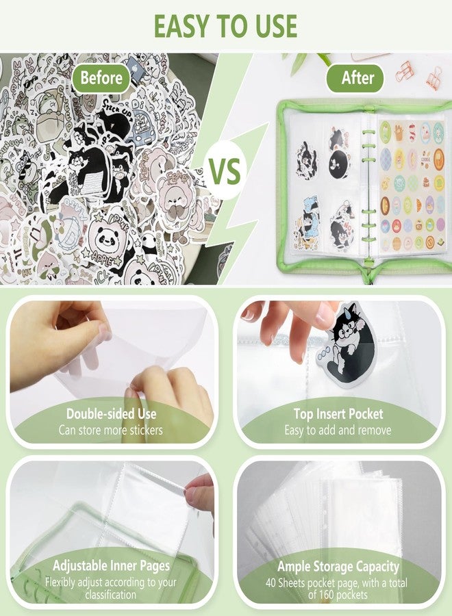 Ruatu Sticker Storage Organizer Binder A5 Sticker Book Collecting Album Reusable Sticker Collection Book with Pocket Zipper Sticker Holder Keeper Book for Adult Collecting Sticker (Green) - Image 4
