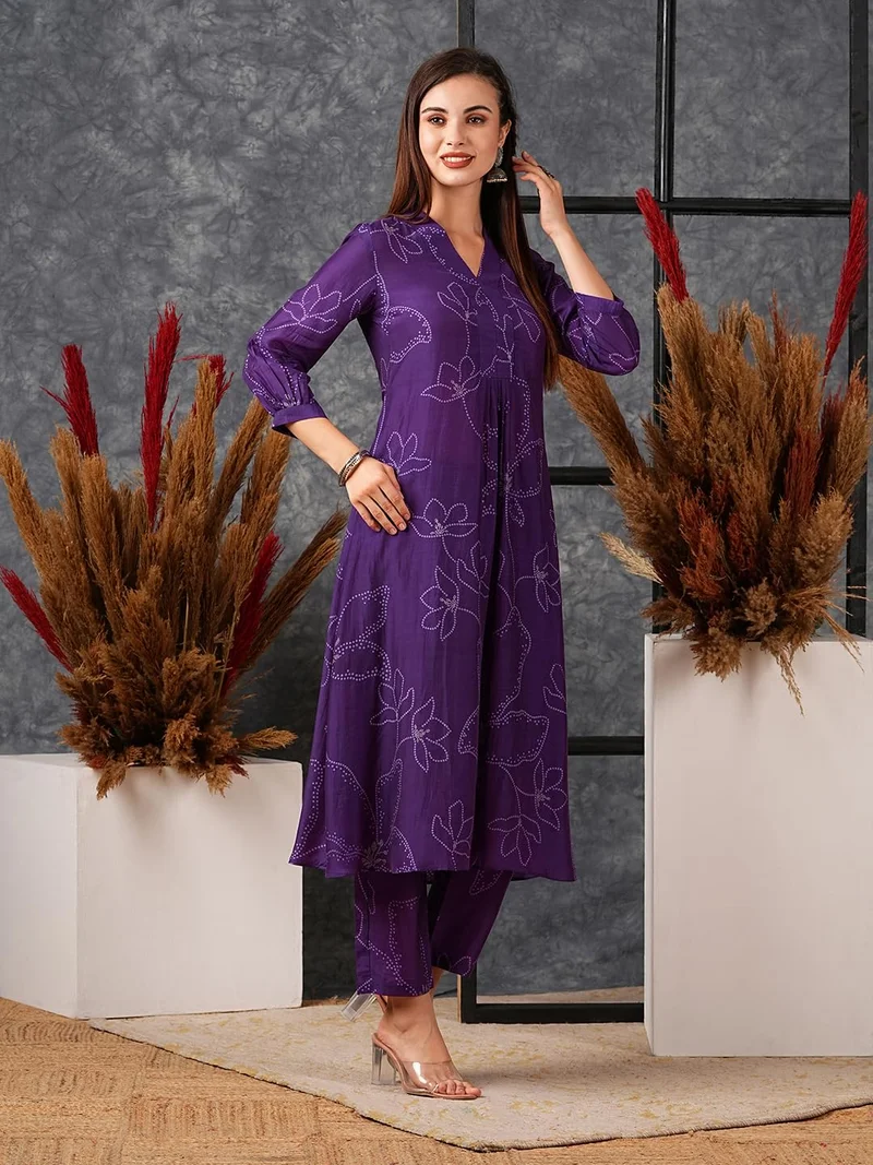 GoSriKi Women's Cotton Blend Anarkali Printed Kurta with Pant (Marup Begani-GS_L_Begani_Large)