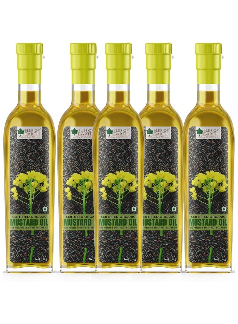 BLISS OF EARTH Bliss Of Earth 1 Liter Mustard Oil Organic Unrefined Cold Pressed Oil for Cooking Hair & Skin Pack of 5 - Image 1