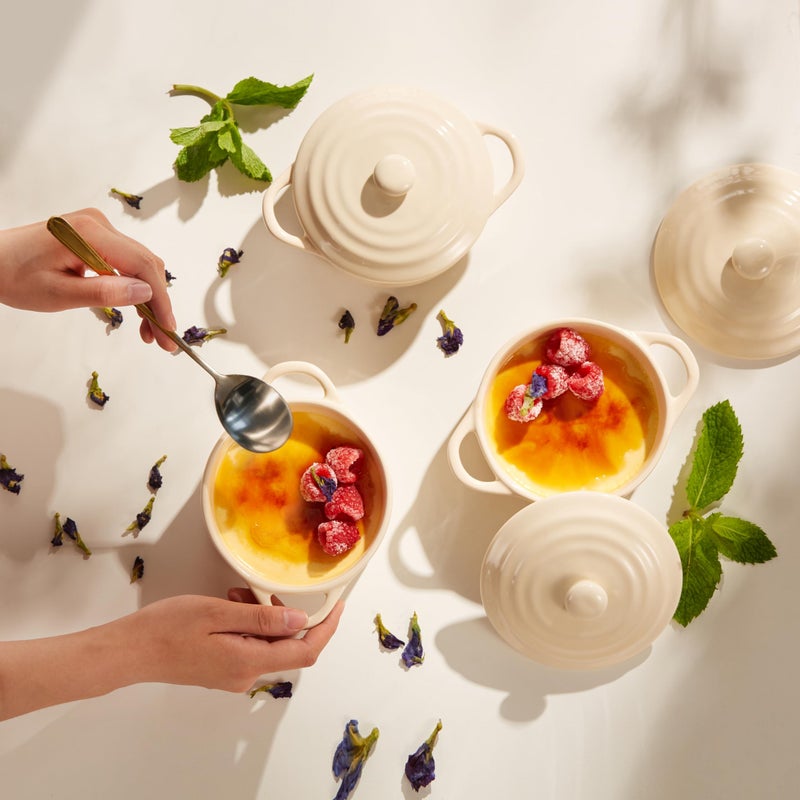 Kook Ceramic Mini Cocotte Set, Small Casserole Dishes with Lids and Handles, Individual Baking Ramekins, Oven, Microwave & Dishwasher Safe, Stoneware, 12 oz, Set of 4, Ivory - Image 4