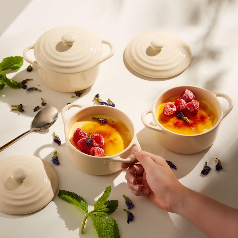 Kook Ceramic Mini Cocotte Set, Small Casserole Dishes with Lids and Handles, Individual Baking Ramekins, Oven, Microwave & Dishwasher Safe, Stoneware, 12 oz, Set of 4, Ivory - Image 2