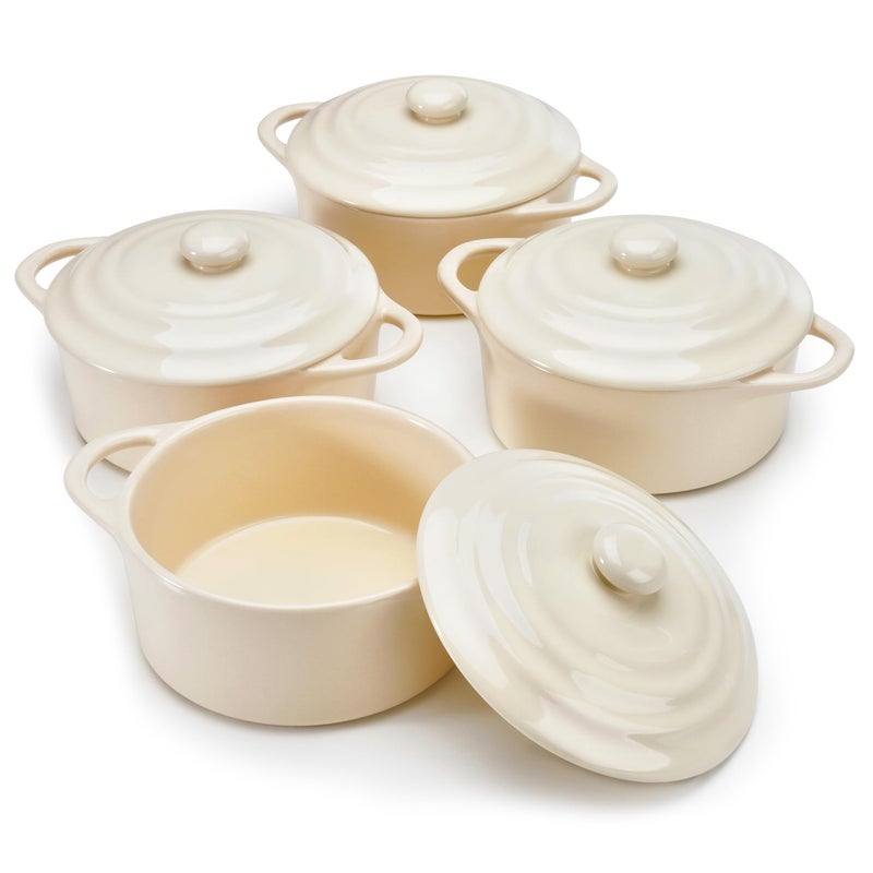Kook Ceramic Mini Cocotte Set, Small Casserole Dishes with Lids and Handles, Individual Baking Ramekins, Oven, Microwave & Dishwasher Safe, Stoneware, 12 oz, Set of 4, Ivory - Image 1