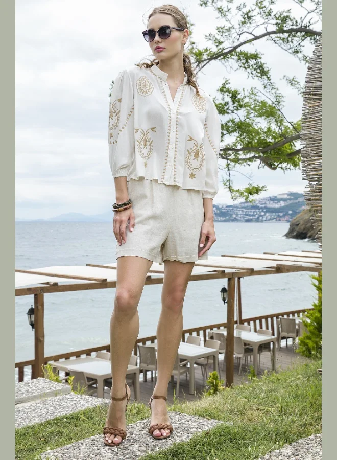 Lela Lela Embroidered Truvakar Sleeve Mandarin Collar Cotton Shile Fabric Shirt Women's SHIRT 611BZ0044