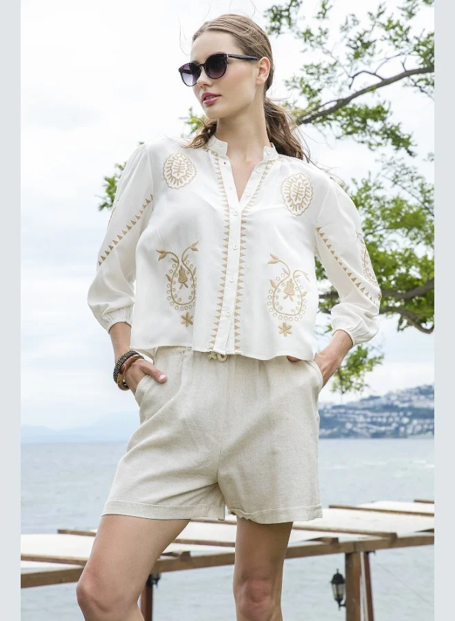 Lela Lela Embroidered Truvakar Sleeve Mandarin Collar Cotton Shile Fabric Shirt Women's SHIRT 611BZ0044