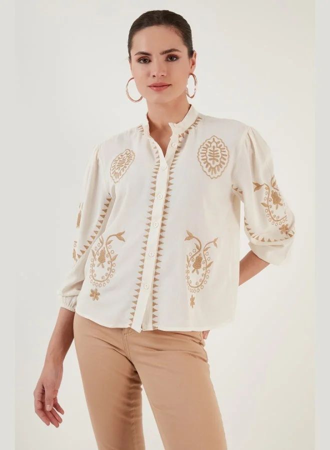 Lela Lela Embroidered Truvakar Sleeve Mandarin Collar Cotton Shile Fabric Shirt Women's SHIRT 611BZ0044