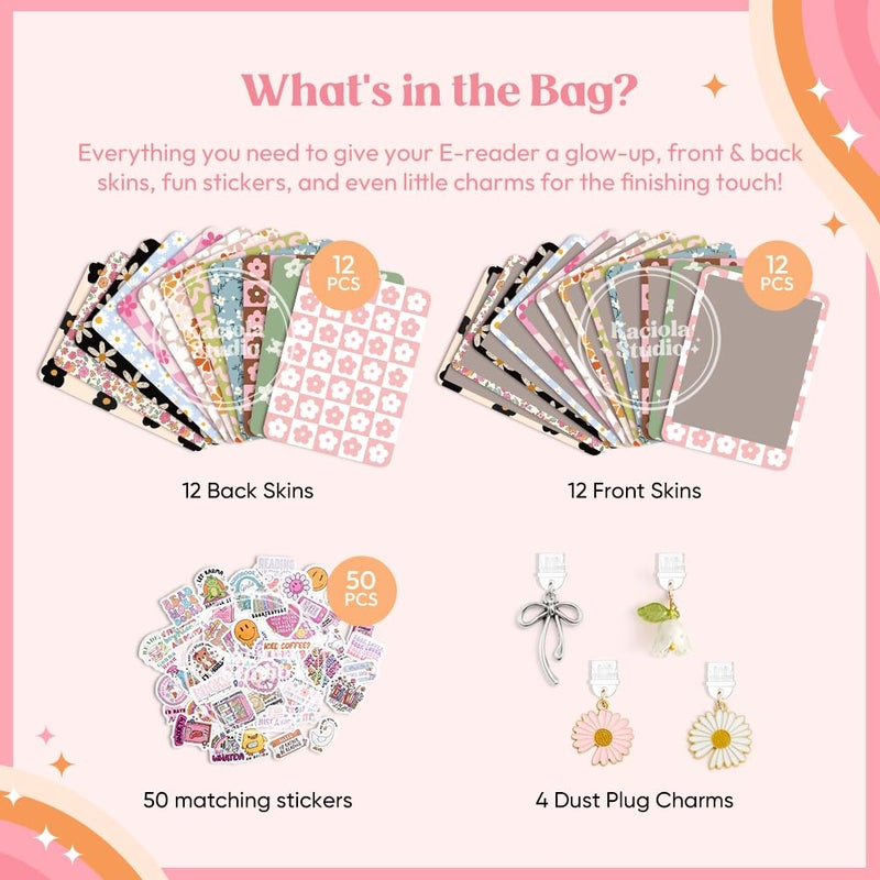 KACIOLA STUDIO 24PCS Simple Flower Skin Set for E-Reader, and 4PCS Type C Charms/50PCS Scrapbook Stickers for Clear Case, 6.9"x4.8" E-Reader Skin Front and Back Decal for Paper White 11th - Image 3
