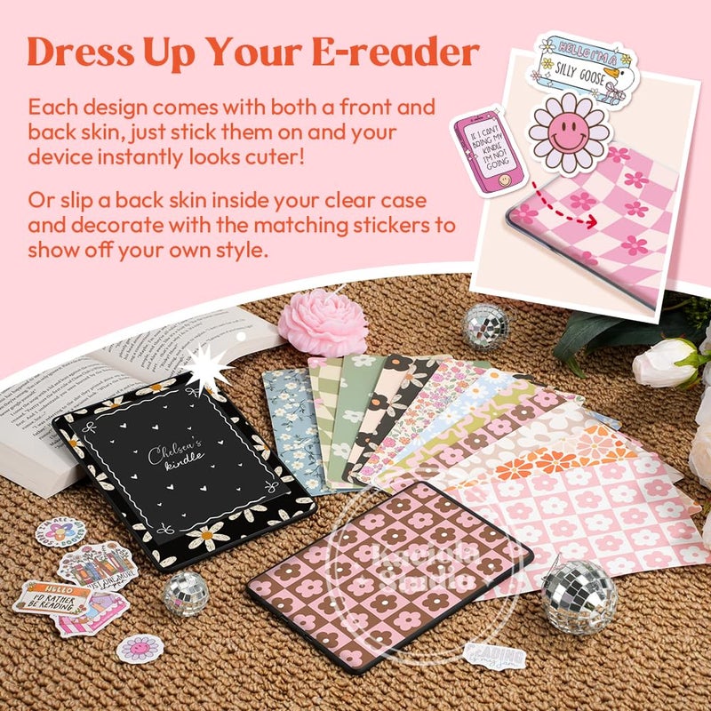 KACIOLA STUDIO 24PCS Simple Flower Skin Set for E-Reader, and 4PCS Type C Charms/50PCS Scrapbook Stickers for Clear Case, 6.9"x4.8" E-Reader Skin Front and Back Decal for Paper White 11th - Image 2