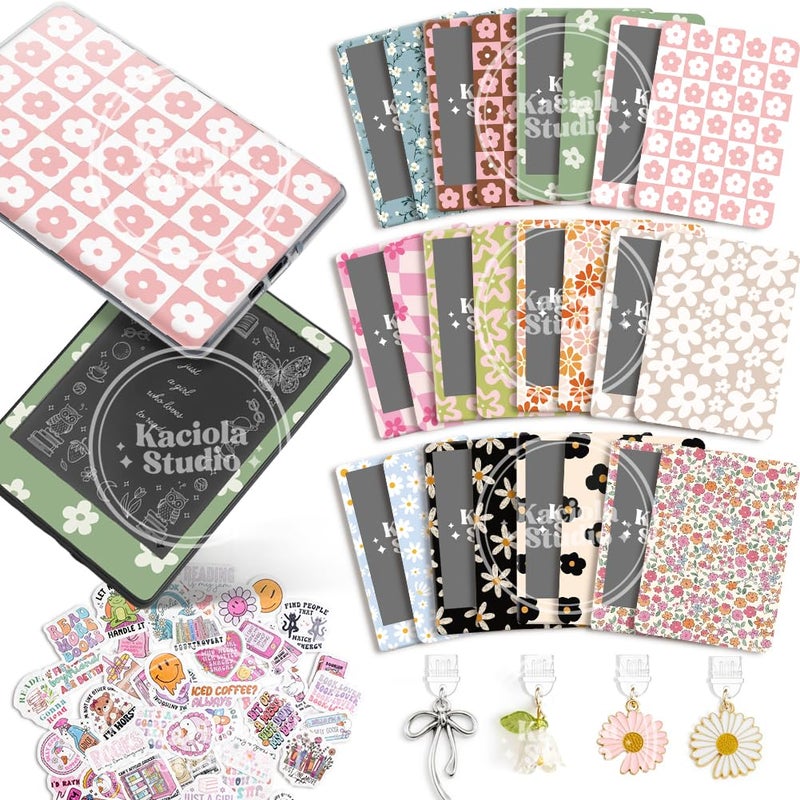 KACIOLA STUDIO 24PCS Simple Flower Skin Set for E-Reader, and 4PCS Type C Charms/50PCS Scrapbook Stickers for Clear Case, 6.9"x4.8" E-Reader Skin Front and Back Decal for Paper White 11th - Image 1