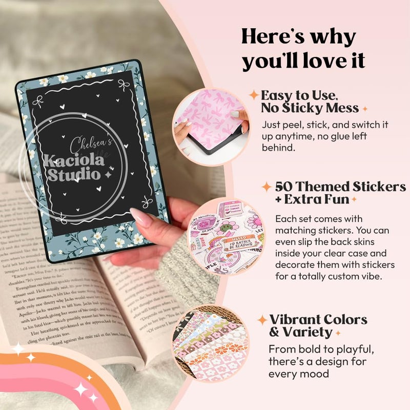 KACIOLA STUDIO 24PCS Simple Flower Skin Set for E-Reader, and 4PCS Type C Charms/50PCS Scrapbook Stickers for Clear Case, 6.9"x4.8" E-Reader Skin Front and Back Decal for Paper White 11th - Image 4