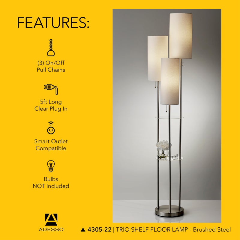 Adesso Trio Floor Lamp with Three Pull Chain Lights and Two-Tier Storage, Brushed Steel Base, White Linen Shades, 68â€ Tall, Enhances Room Decor and Lighting - Image 5