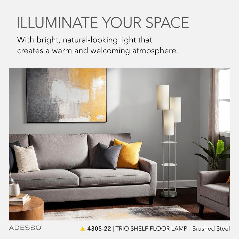 Adesso Trio Floor Lamp with Three Pull Chain Lights and Two-Tier Storage, Brushed Steel Base, White Linen Shades, 68â€ Tall, Enhances Room Decor and Lighting - Image 2