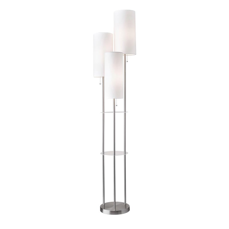 Adesso Trio Floor Lamp with Three Pull Chain Lights and Two-Tier Storage, Brushed Steel Base, White Linen Shades, 68â€ Tall, Enhances Room Decor and Lighting - Image 1