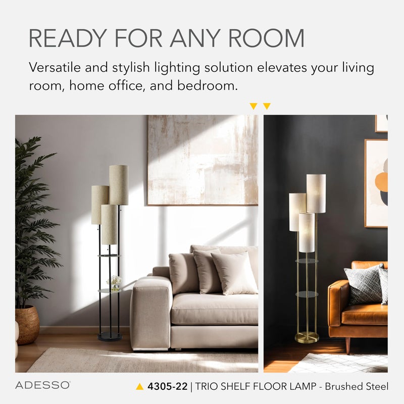 Adesso Trio Floor Lamp with Three Pull Chain Lights and Two-Tier Storage, Brushed Steel Base, White Linen Shades, 68â€ Tall, Enhances Room Decor and Lighting - Image 3