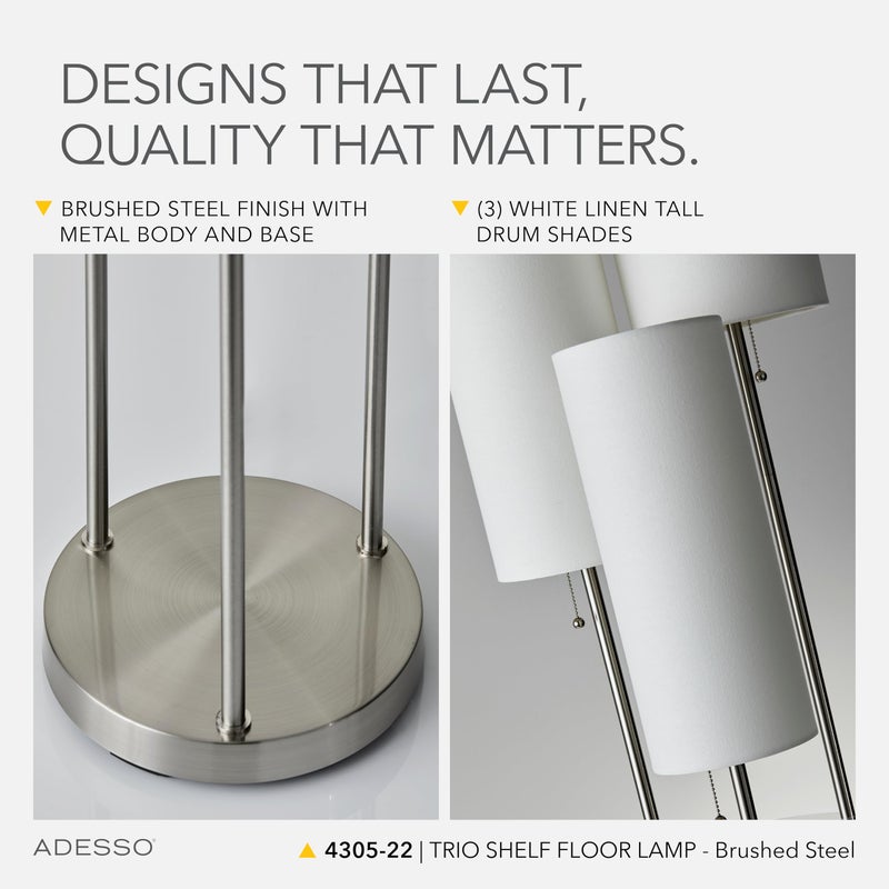 Adesso Trio Floor Lamp with Three Pull Chain Lights and Two-Tier Storage, Brushed Steel Base, White Linen Shades, 68â€ Tall, Enhances Room Decor and Lighting - Image 4