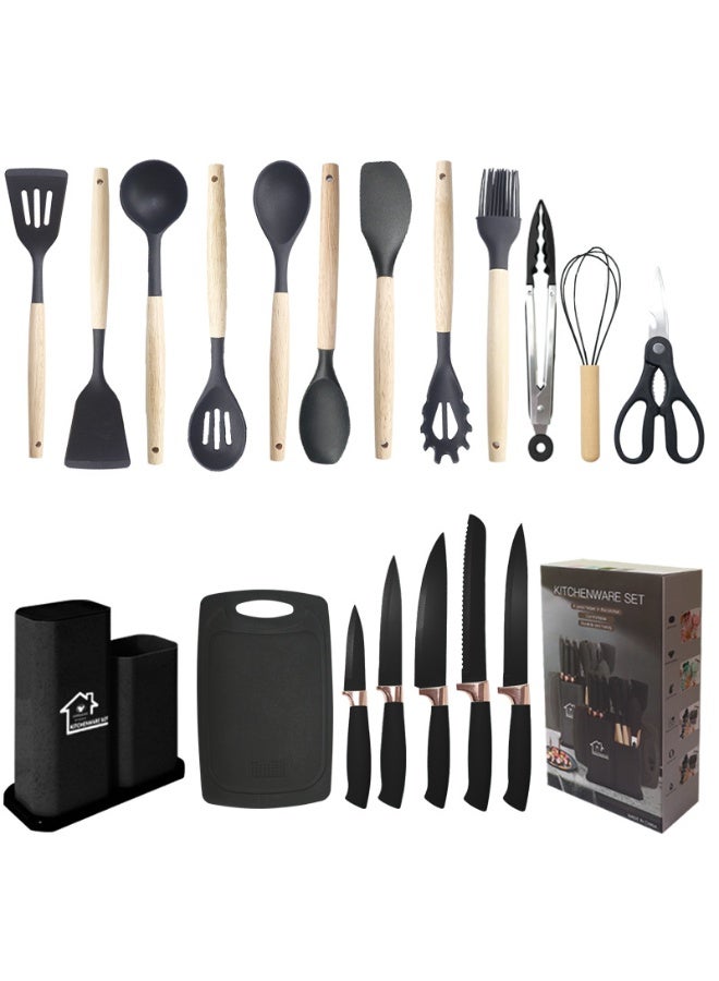 TD HOME 1550 جرام مجموعة مثالية من السيليكون الغذائي والفولاذ المقاوم للصدأ 3Cr13 - مجموعة مكونة من 19 قطعة من سكاكين وأدوات المطبخ - Image 2