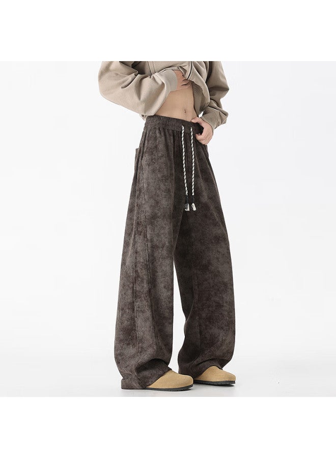 Dingfengbaoluo Corduroy American Tie-dye Loose Fit Casual Straight-leg Pants She02 Coffee 2XL - Image 1
