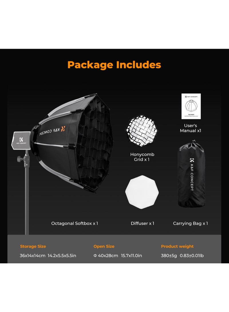 كيه آند إف كونسبت سوفت بوكس ثماني الشكل 40 سم K&F Concept KF18.0013 بتركيب Mini Bowens مع شبكة تحكم بالإضاءة لمصابيح LED للتصوير - Image 2