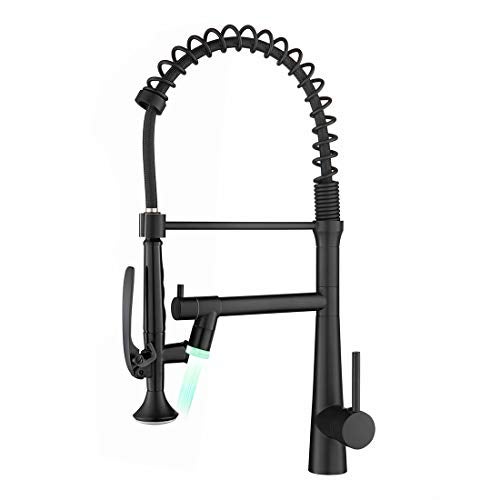AIMADI Black Kitchen Faucet with Sprayer,Commercial Faucet Kitchen Single Handle Spring Pull Down Kitchen Sink Faucet with LED Light,Matte Black - Image 1