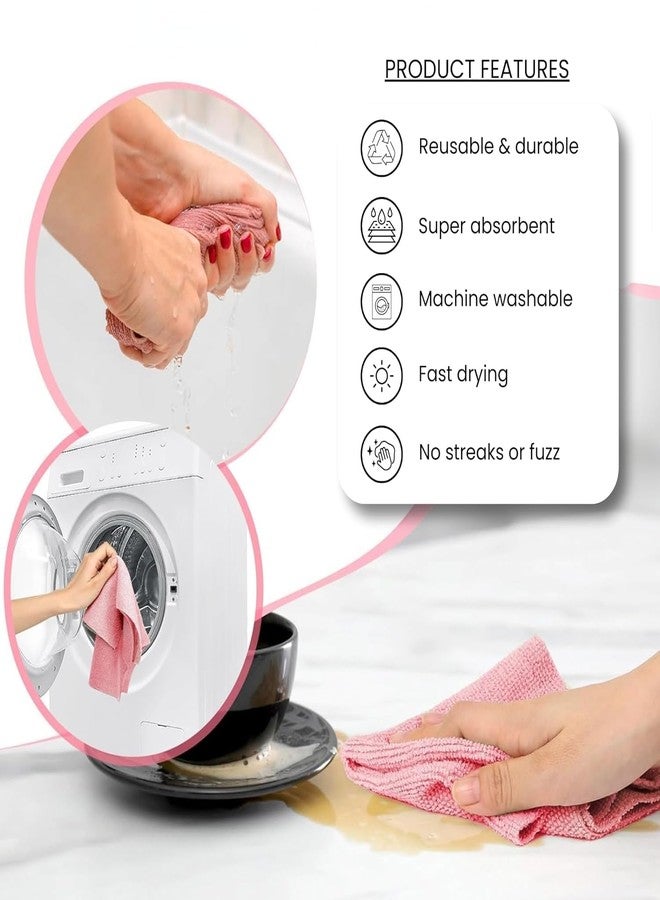 Shop Home Essentials تسوقي مناديل التنظيف والتجفيف المصنوعة من الألياف الدقيقة القابلة لإعادة الاستخدام من هوم إسينشالز، عبوة من 20 منديل (وردي) خالية من الوبر، قابلة للغسل، متعددة الاستخدامات للمطبخ والسيارة والمنزل والمكتب (وردي، علبتان) - Image 3