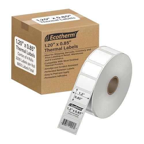Ecotherm 1.2" x .85" Thermal Labels | 4 Rolls | 8800 Labels | fits Zebra, Godex, Arkscan, iDPRT, Offnova Thermal Label Printers and More | Blank White Adhesive Stickers by Ecotherm - Image 1