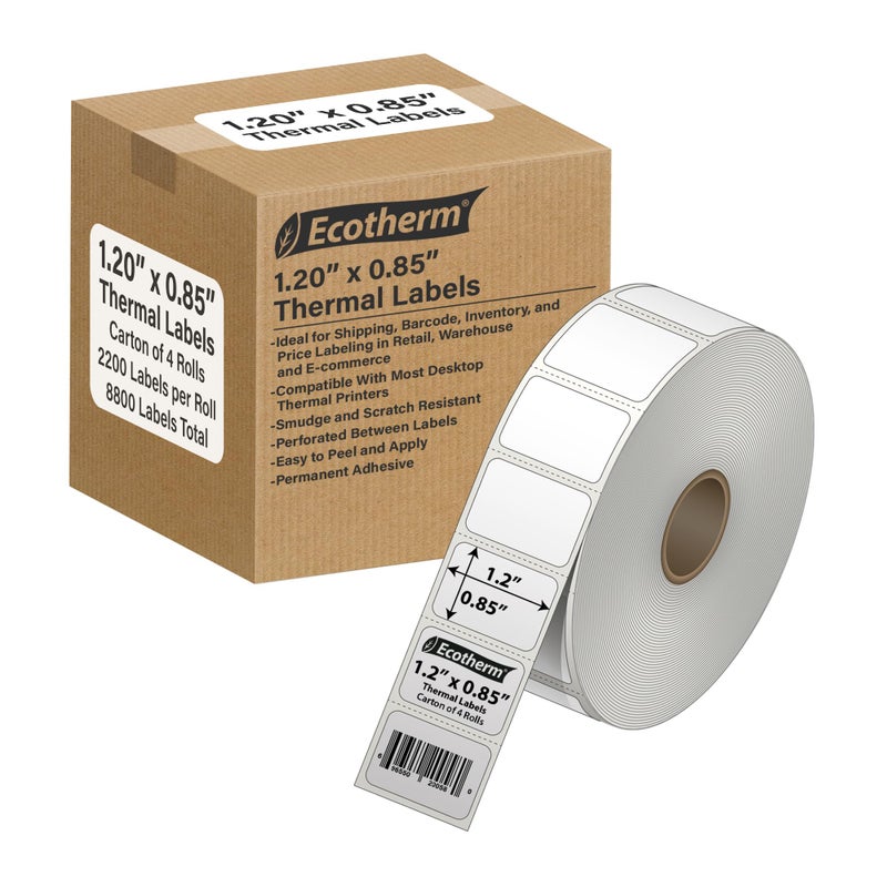 Ecotherm 1.2" x .85" Thermal Labels | 4 Rolls | 8800 Labels | fits Zebra, Godex, Arkscan, iDPRT, Offnova Thermal Label Printers and More | Blank White Adhesive Stickers by Ecotherm - Image 5