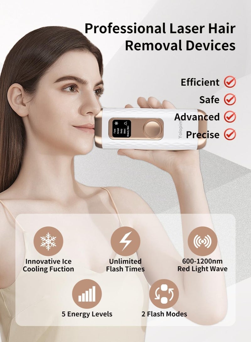 Laser Hair Removal for Women and Men, Hair Removal Device with Ice Cooling Care Function for Nearly Painless Result, for Body Facial Armpits Legs Arms(White Gold) - Image 2