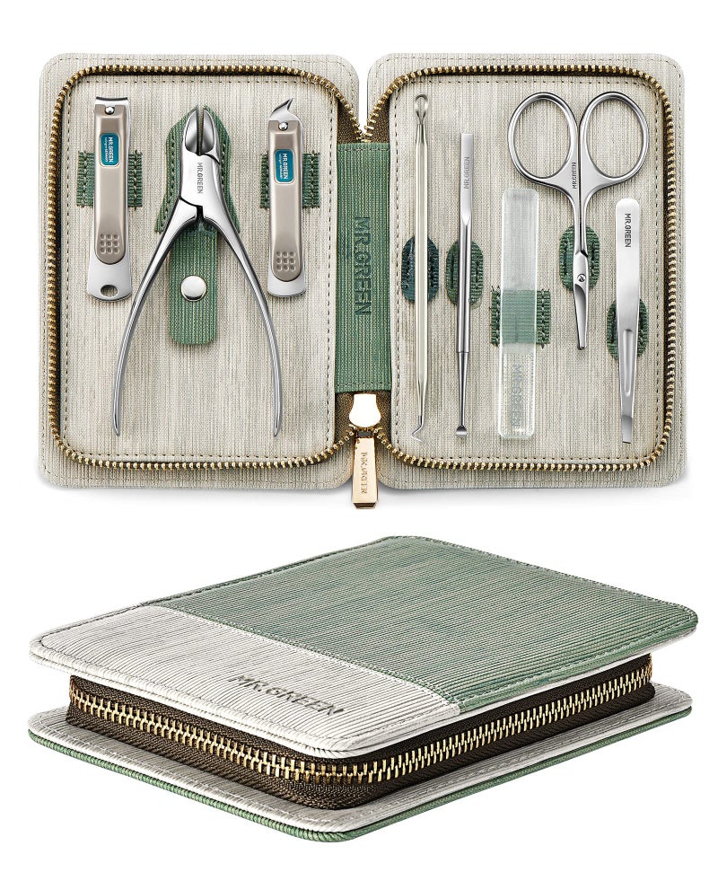 Manicure Set 8 in 1Professional Pedicure kitStainless Steel Manicure KitPortable Travel Grooming Kit Nail Care ToolsNail Clippers Pedicure Tools with Leather Travel Case green