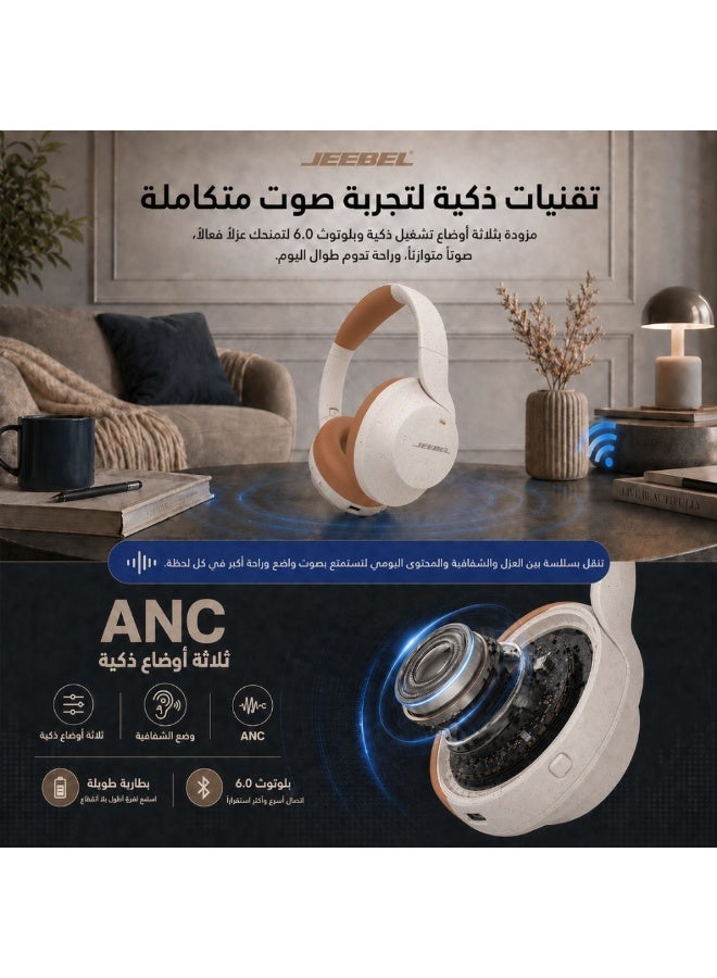 Jeebel ANC PRO Smart Wireless Headphones with Advanced Noise Cancellation, Deep Stereo Sound, Bluetooth 6.0, Up to 55 Hours Playback Time, Multi-Device Connectivity, Three Listening Modes, Speckled Marble Color with Comfortable Orange Ear Cushions. - Image 4