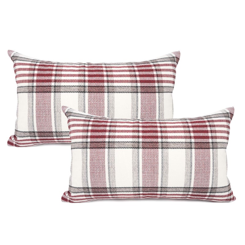 YOUR SMILE Christmas Retro Farmhouse Buffalo Tartan Chequer Plaid Cotton Linen Decorative Throw Pillow Case Cushion Cover Pillowcase for Sofa 18 x 18 Inch Set of 2 RedStripe