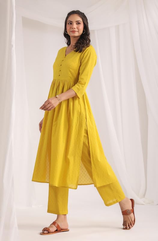 Janasya Women's Yellow Dobby Pure Cotton Self Design Co-ord Set (JAA24CD00324-XXL) - Image 2