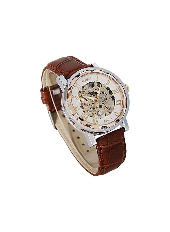 وينر ساعة رجالية، ساعة ميكانيكية هيكلية يدوية من ستيمبانك للرجال والنساء، بأرقام رومانية، حزام جلد PU، علبة فضية ذهبية وردية، ساعة معصم تناسب الجميع - Image 1
