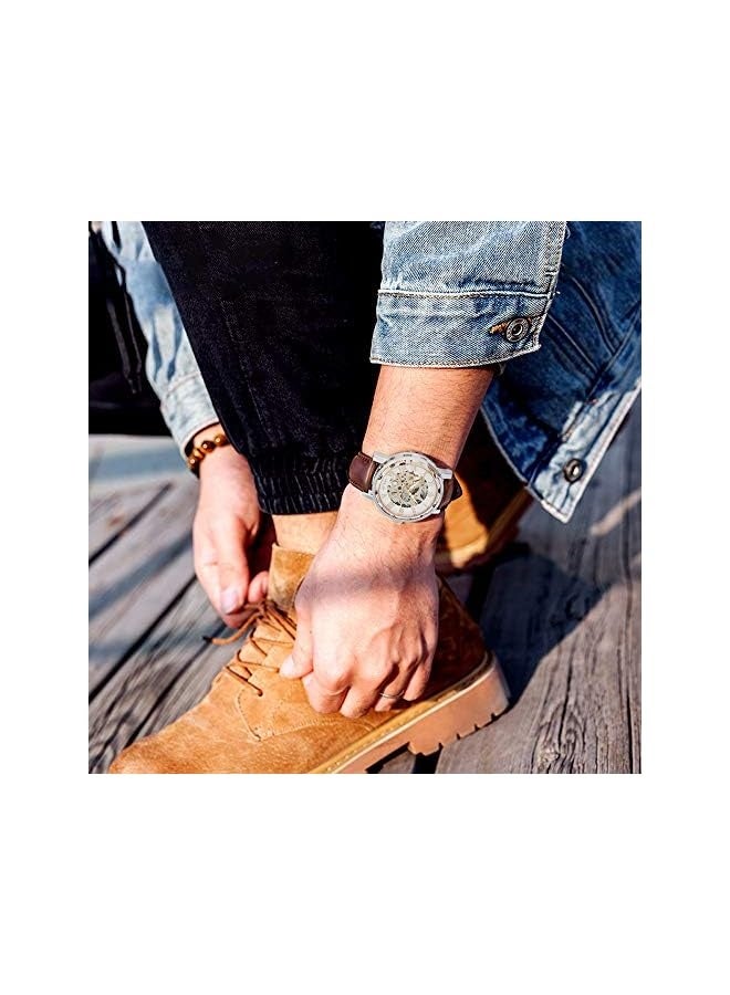 وينر ساعة رجالية، ساعة ميكانيكية هيكلية يدوية من ستيمبانك للرجال والنساء، بأرقام رومانية، حزام جلد PU، علبة فضية ذهبية وردية، ساعة معصم تناسب الجميع - Image 2