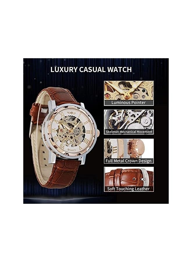 وينر ساعة رجالية، ساعة ميكانيكية هيكلية يدوية من ستيمبانك للرجال والنساء، بأرقام رومانية، حزام جلد PU، علبة فضية ذهبية وردية، ساعة معصم تناسب الجميع - Image 3