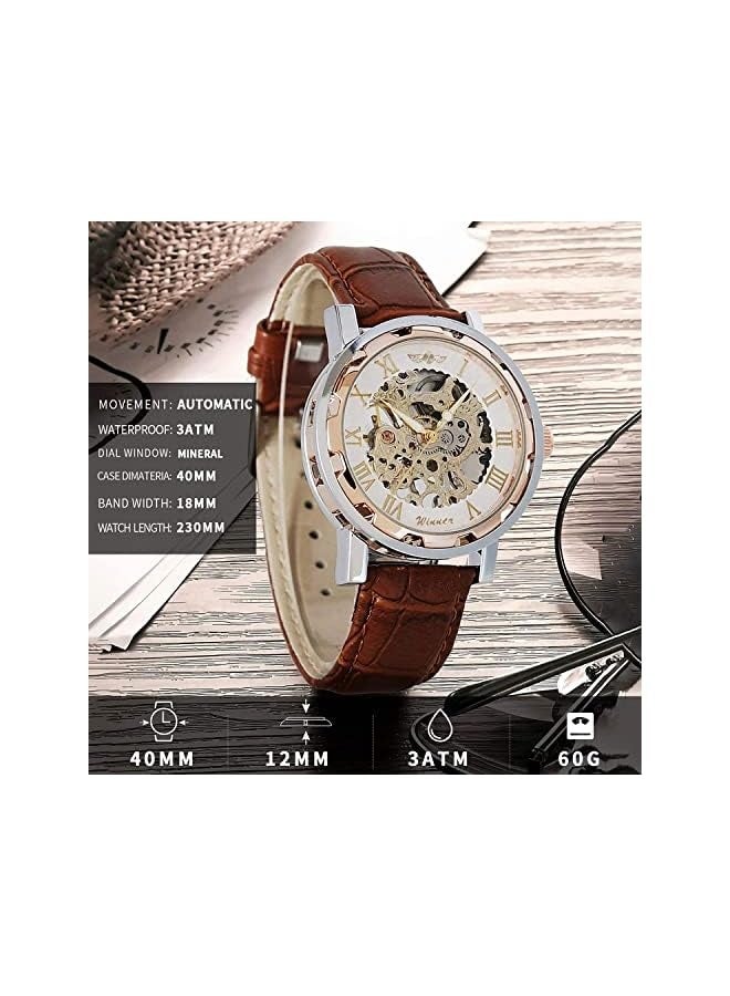 وينر ساعة رجالية، ساعة ميكانيكية هيكلية يدوية من ستيمبانك للرجال والنساء، بأرقام رومانية، حزام جلد PU، علبة فضية ذهبية وردية، ساعة معصم تناسب الجميع - Image 5