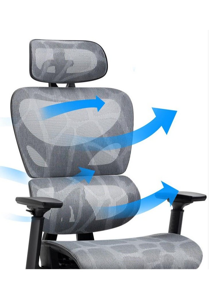 Golden - Ergonomic Office Chair, Height and Headrest Adjustable Mesh Desk Chair with Lumbar Support Footrest and Wheels for Work and Study, High Back Swivel Computer Chair for Home and Office, K80G (Grey) - Image 1