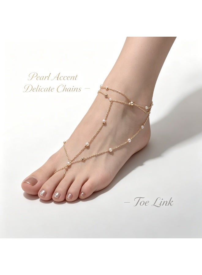 XIXI Multi-Layer Pearl Barefoot Anklet with Gold Tone Toe Ring Foot Chain - Image 3