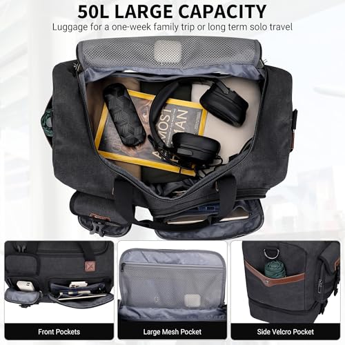 WITZMAN Duffle Bag for Men 50L Canvas Weekender Overnight Bag with Toiletry Bag Sets Travel Duffel Bag Shoes Compartment（A8010/2 Classic Black） - Image 3