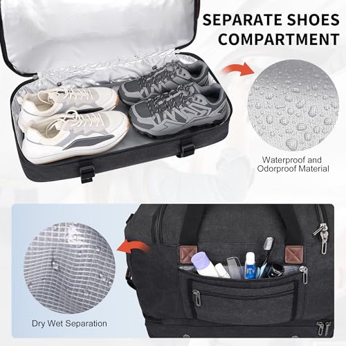 WITZMAN Duffle Bag for Men 50L Canvas Weekender Overnight Bag with Toiletry Bag Sets Travel Duffel Bag Shoes Compartment（A8010/2 Classic Black） - Image 4