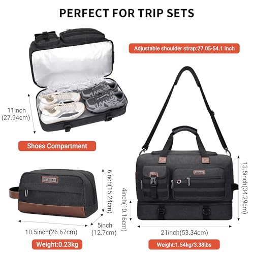 WITZMAN Duffle Bag for Men 50L Canvas Weekender Overnight Bag with Toiletry Bag Sets Travel Duffel Bag Shoes Compartment（A8010/2 Classic Black） - Image 5