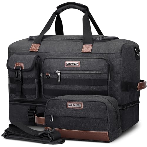 WITZMAN Duffle Bag for Men 50L Canvas Weekender Overnight Bag with Toiletry Bag Sets Travel Duffel Bag Shoes Compartment（A8010/2 Classic Black） - Image 1