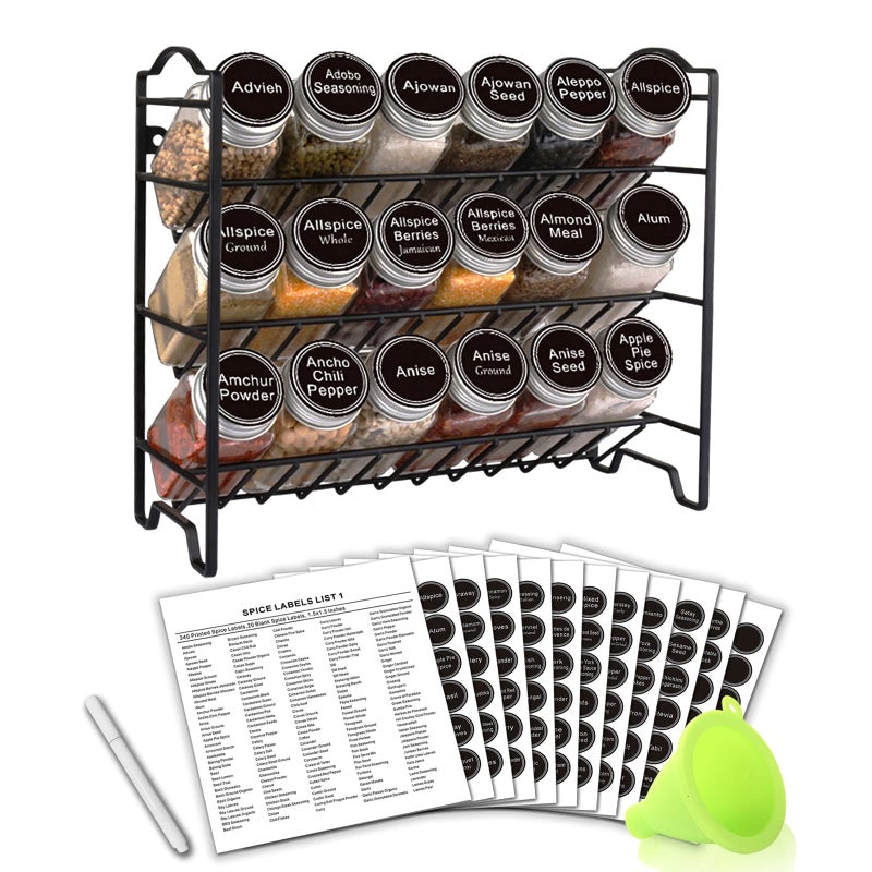 SWOMMOLY Spice Rack Organizer with 18 Empty Square Spice Jars, 396 Spice Labels with Chalk Marker and Funnel Complete Set, Spice Organizer for Countertop, Cabinet or Wall Mount, Black - Image 1