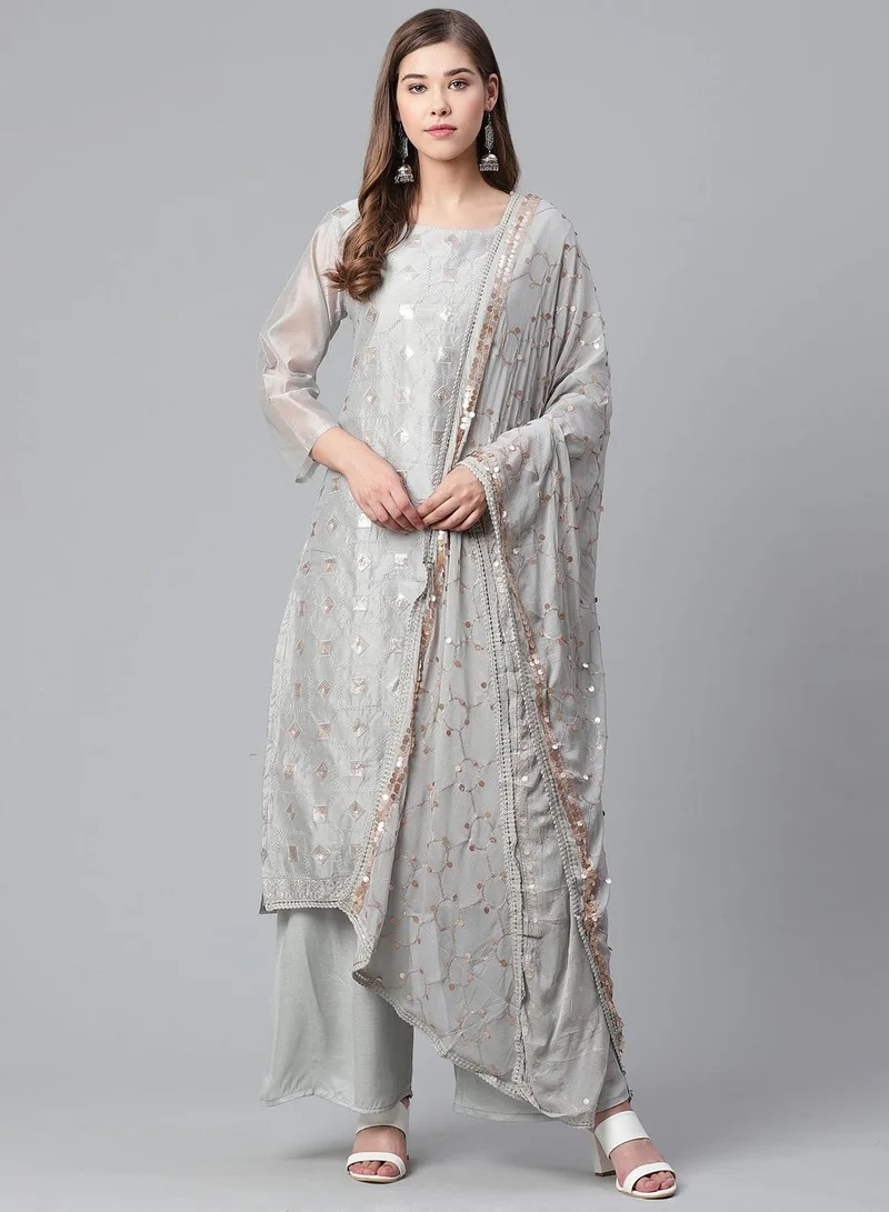 آي شين Women's Grey 100% Cotton Embroidered Tunic Full Length Casual Regular Fit Kurta Set